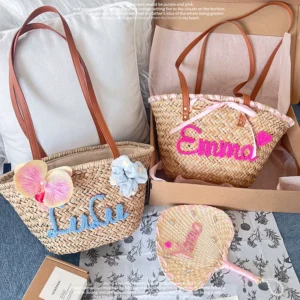summer woven straw bag, custom letter tote, casual shoulder bag for beach & vacation