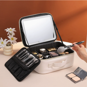 led light makeup bag with mirror, portable large capacity travel cosmetic organizer(31.5*24.5*12.5)